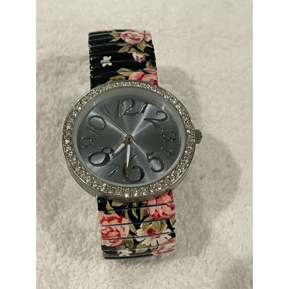 Black Roses Floral Print Large Face Easy to Read Stretch Band Women's Watch